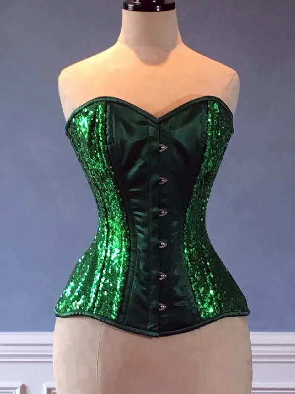 Corset for summer wear-Shiny sequins and satin overbust authentic corset with long hip-line. Steel-boned corset for tight lacing, Poison Ivy cosplay green corset