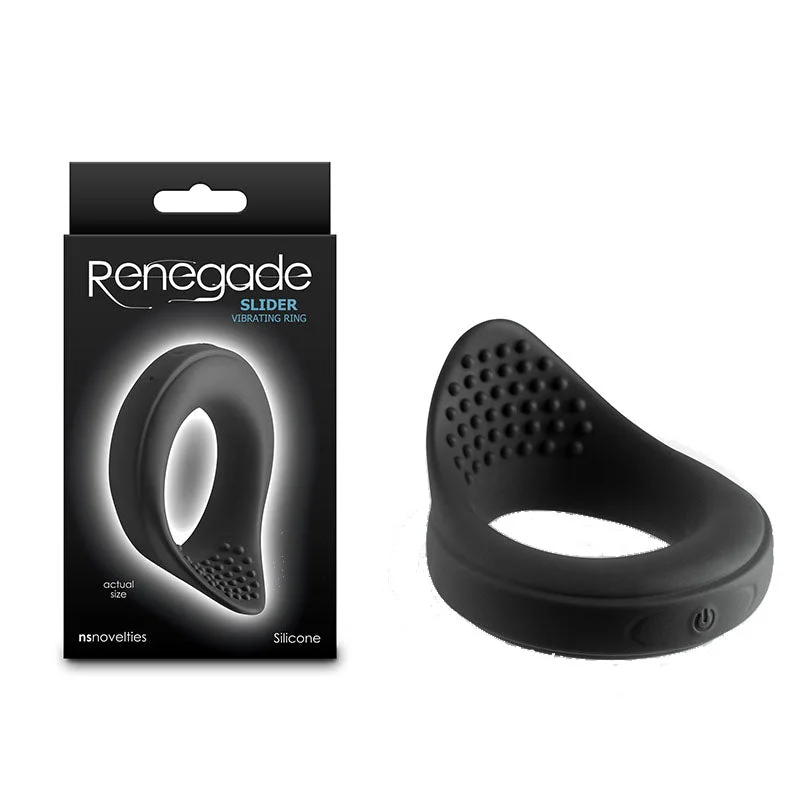 silicone vs rubber cock ring-Renegade Slider - Black - Black USB Rechargeable Vibrating Cock Ring