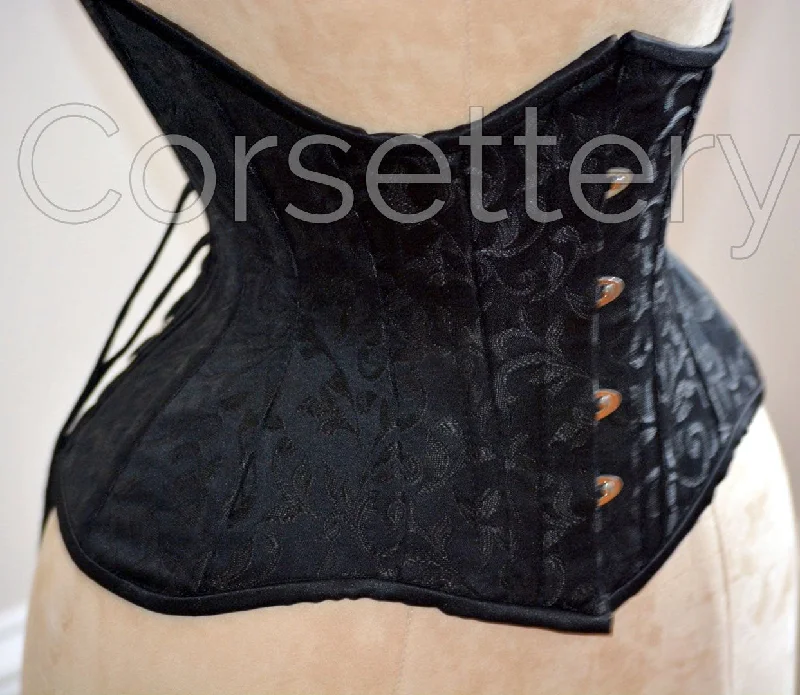 Corset for vintage wedding-Double row steel boned underbust corset of short design with long hips made of brocade.