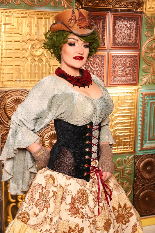 Corset for body contouring-Wench Corset In Black Brushstroke w/Embossed Vine Faux Leather Hip Patch - Day 10 "12 Days of Christmas" 2024