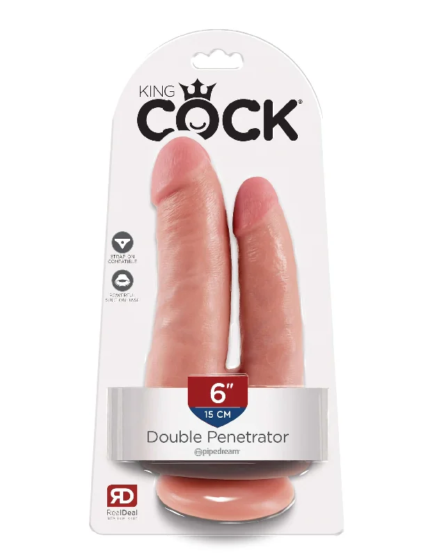 dildo cold trends-King Cock Double Penetrator Flesh Beige Dildo - Realistic Dual Penetration, Suction Cup, Phthalate-Free