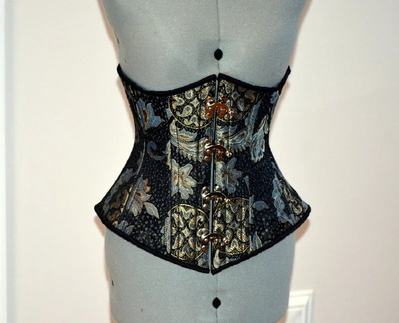 Corset with silk trim-Steel boned underbust steampunk corset from brocade with golden pattern with steampunk hooks. Real waist training corset for tight lacing.