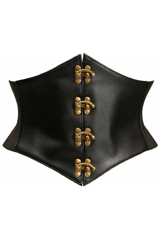 Corset for body shaping-Lavish Black Faux Leather Corset Belt Cincher w/Clasps